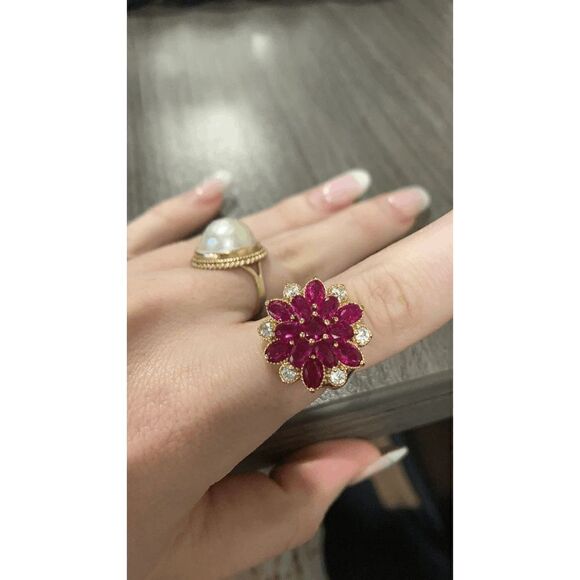 Ruby Rose Diamond Gold Flower Ring - Size 7 - Picture 6 of 8